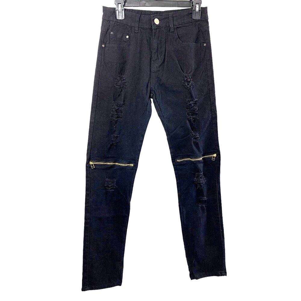 Womens Punk Ripped Jeans‎ Size 27 Black Denim Destroyed Zippers Straight Hipster